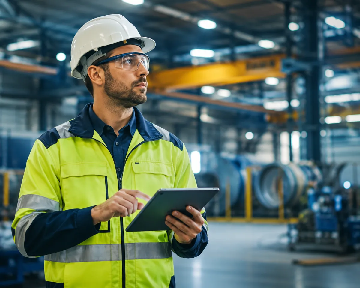Profissional de segurança do trabalho em inspeção industrial